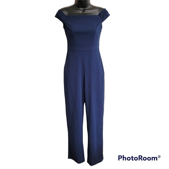Teeze Me Navy Blue Off The Shoulder Pants Jumpsuit With Pockets Size 3/4 - Picture 3 of 10